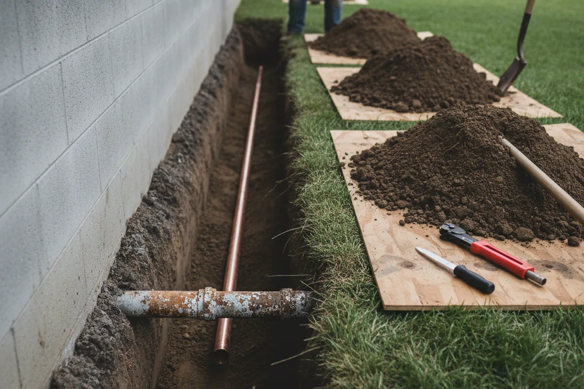 Excavated water line trench during Water Heater Repair in San Rafael